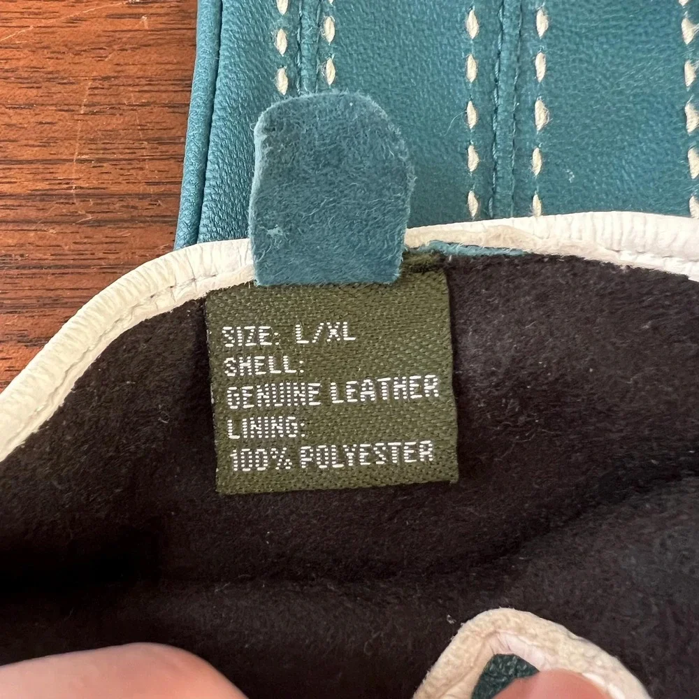 Vintage Teal Leather Gloves With White Saddle-Style Stitching Womens L XL Retro